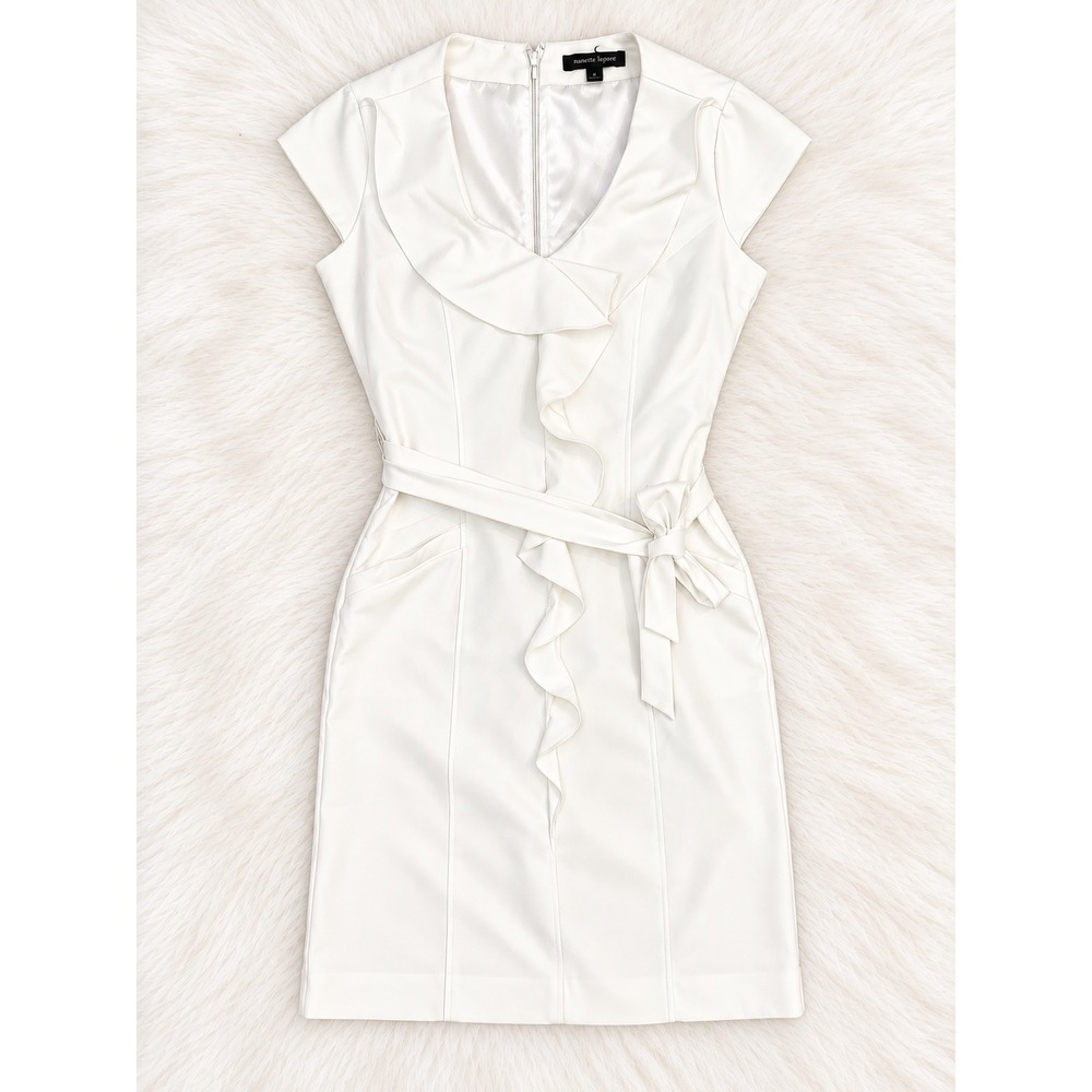 Sharagano Cream Ruffle Sheath Dress Size 6 | Belted Office Bridal Cocktail